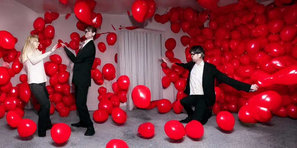 Prompt: louis theroux and laura palmer blowing up red balloons in the red room, twin peaks. in the style of david lynch, black and white zig zag floor