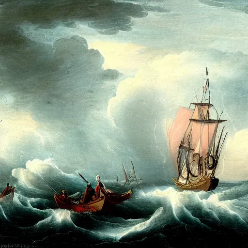 Prompt: a royal vessel in stormy seas and lightning