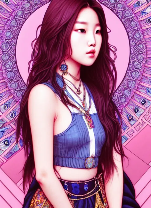 Image similar to roseanne park of blackpink, tarot card, highly detailed, digital painting, smooth, sharp focus, illustration, ultra realistic, 8 k, art by artgerm and alphonse mucha