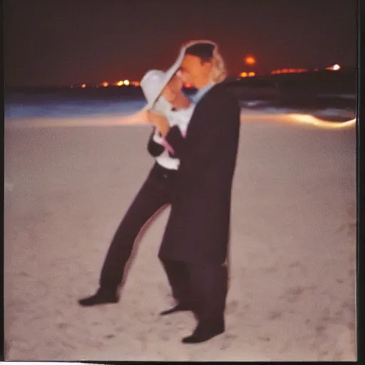 Image similar to 9 0 s polaroid photograph of a man and woman both wearing trenchcoats at night, dancing together on a beach during cloudy weather, vignette