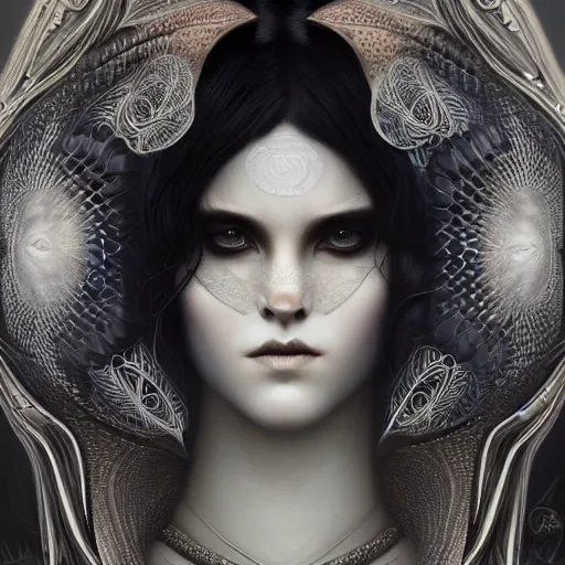 Image similar to tom bagshaw, soft painting fractal curiosities carnival, very beautiful fox female nightshade armor, symmetry accurate features, focus, very intricate ultrafine details, black white purple volumetric clouds, award winning masterpiece, octane render 8 k hd