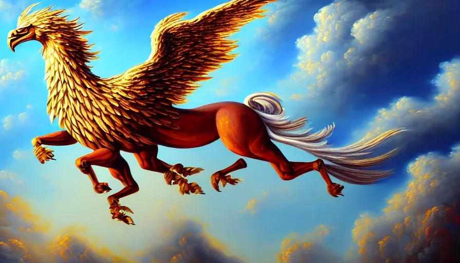 Image similar to highly detailed oil painting of a majestic griffin in flight, thick paint and visible brush strokes, 4 k resolution