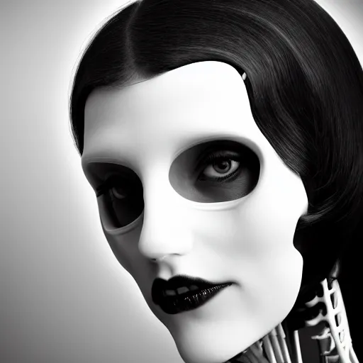 Prompt: black and white dreamy foggy smoky profile face portrait, single skeletal biomechanical beautiful young female cyborg robot bust, body ribs meshes,, volumetric light, rim light, by dora maar and cecile beaton, big gothic fashion pearl embroidered collar, 8 k