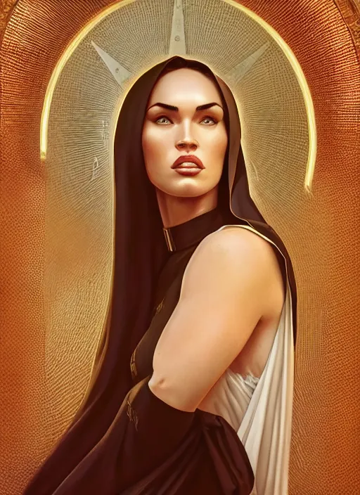 Image similar to portrait of megan fox as a sultry nun, catholic, church, bible, christian, intricate, headshot, highly detailed, digital painting, artstation, concept art, sharp focus, cinematic lighting, illustration, art by artgerm and greg rutkowski, alphonse mucha, cgsociety