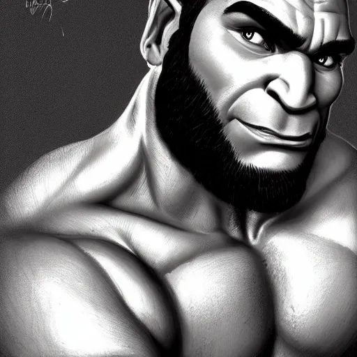 Prompt: black and white muscular shrek has beard, highly detailed, digital painting, artstation, concept art, smooth, sharp focus, illustration, art by artgerm and greg rutkowski and alphonse mucha