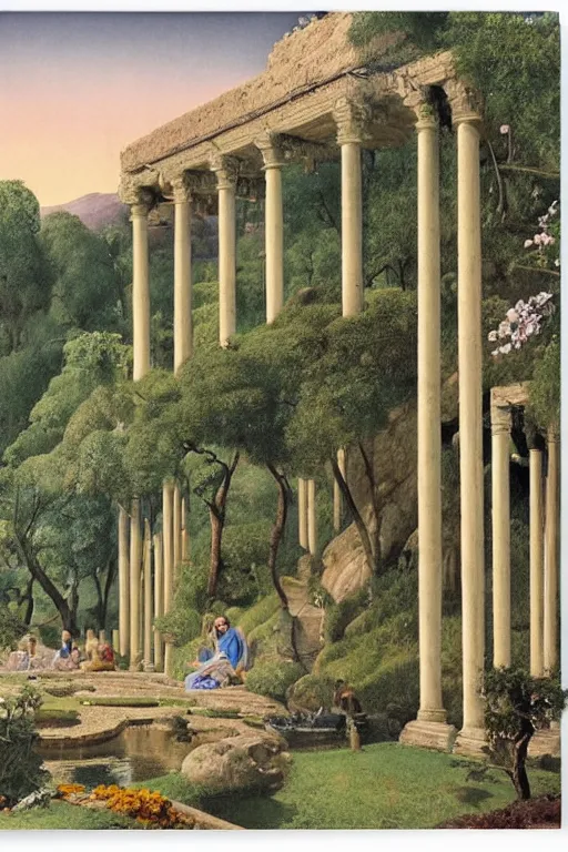 Image similar to hanging gardens of babylon, temple of artemis at ephesus, waterfalls, blooming hills with spring flowers and pillars by helen lundeberg