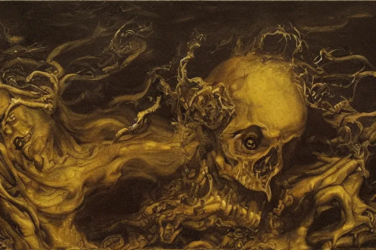 Prompt: the earth eats itself, detailed baroque oil painting, dark, disturbing by goya and alan lee, smoke, hell on earth