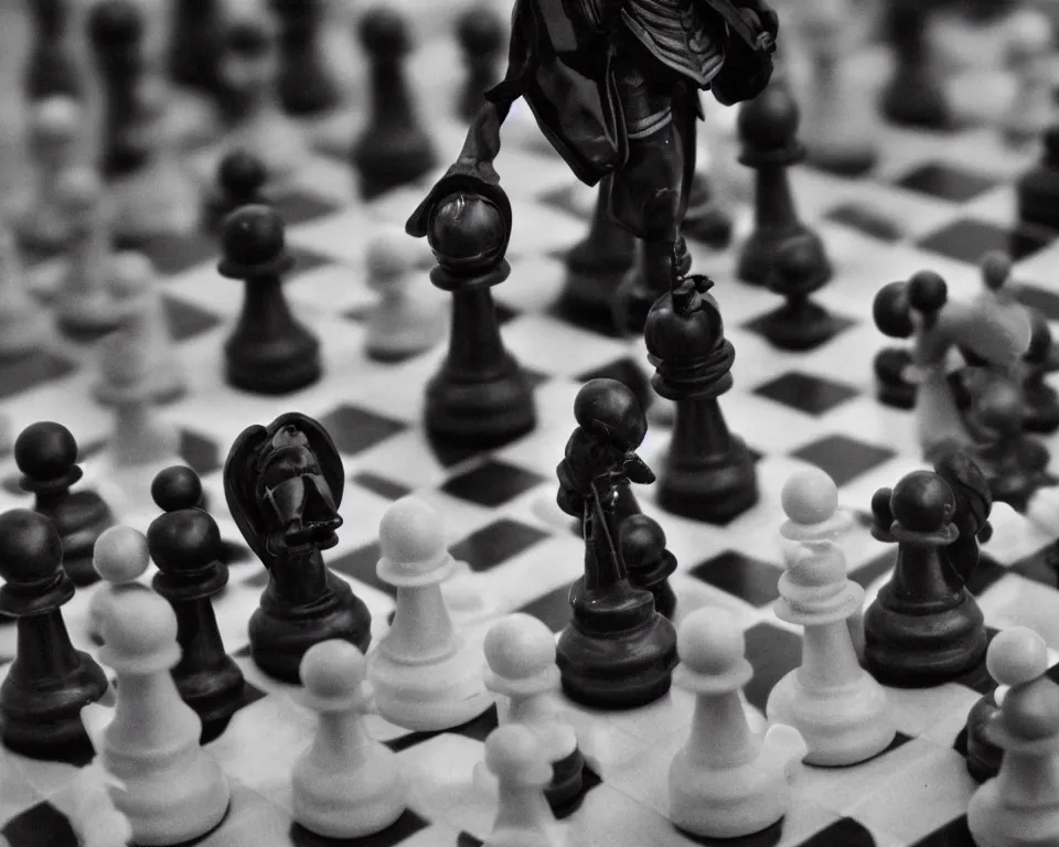 Prompt: a black and white photograph humanoid chess pawn takes the crown off a humanoid chess king. art photography, tri - x