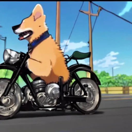 Prompt: A corgi on a motorcycle in an anime film by Makoto Shinkai