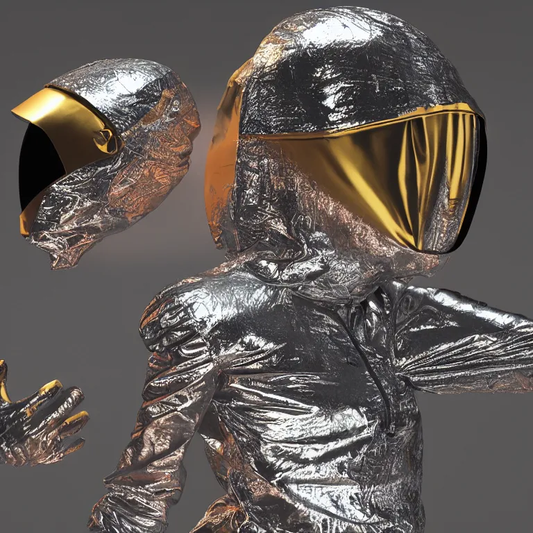 Image similar to octane render portrait by wayne barlow and carlo crivelli and glenn fabry, subject is a woman covered in folded aluminum foil space suit with a colorful metallic space helmet, floating inside a futuristic black and gold space station, cinema 4 d, ray traced lighting, very short depth of field, bokeh