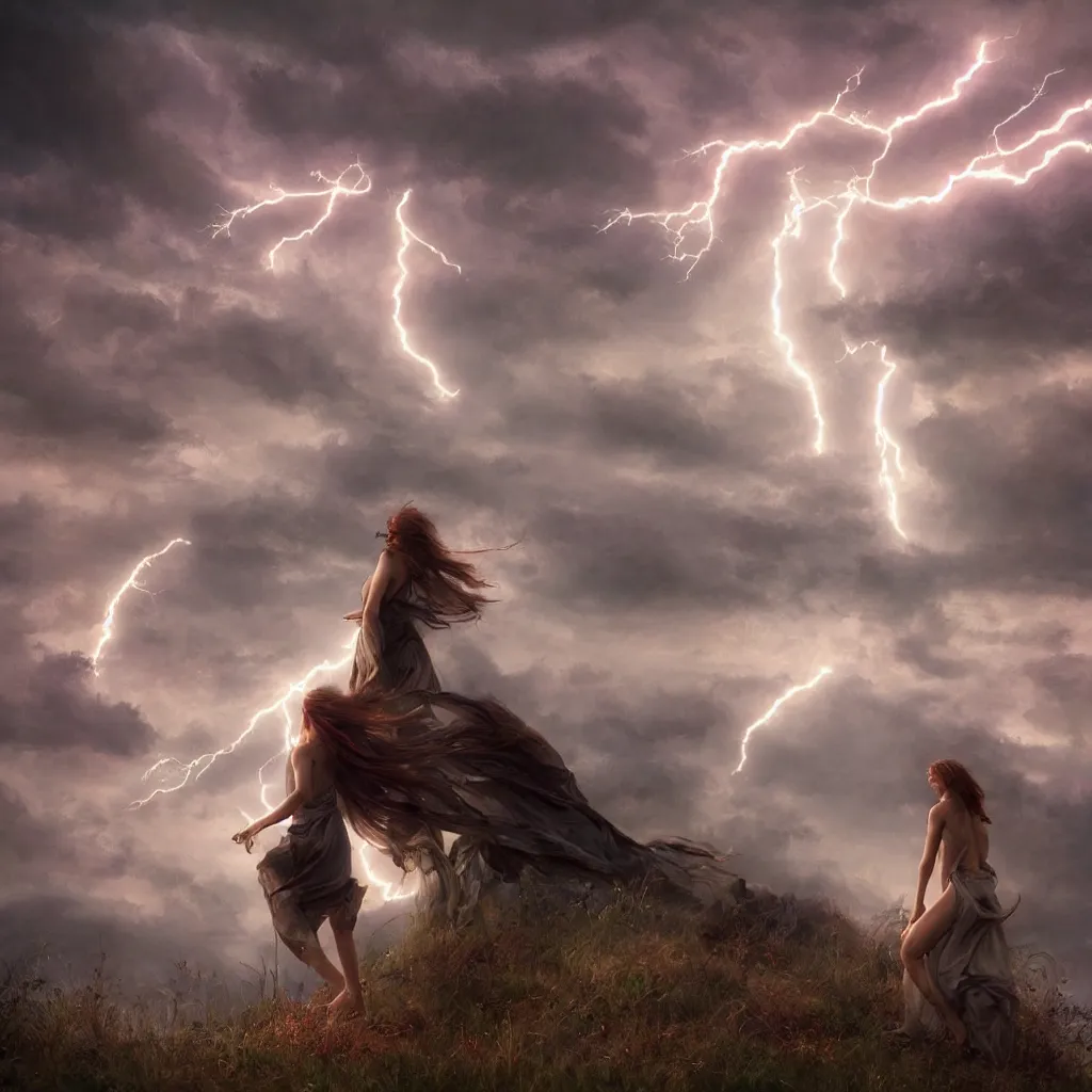 Image similar to huge towering magical lightning storm, extreme drama, distant glowing figures, hdr, movie still, fully photorealistic, sharp luminescent focus, nd 6, art by john collier, albert aublet, krenz cushart, artem demura, alphonse mucha, diffuse lighting, artstation, smooth, textless, sharp focus,