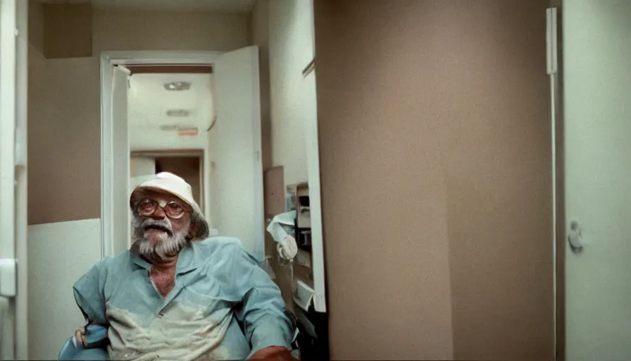 Image similar to 7 0 s movie still of a old man with trypophobia skin in the hospital, cinestill 8 0 0 t 3 5 mm eastmancolor, heavy grain, high quality, high detail