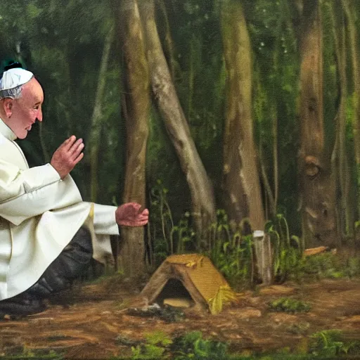 Image similar to the pope defecating in the forest while squatting, oil painting