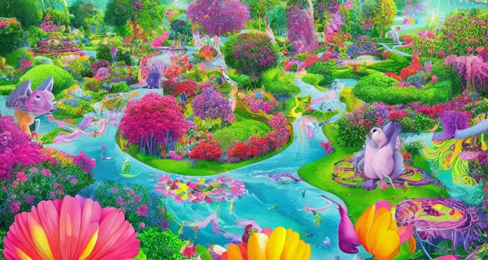 Image similar to bosch and lisa frank and beeple painting of a magnificent garden