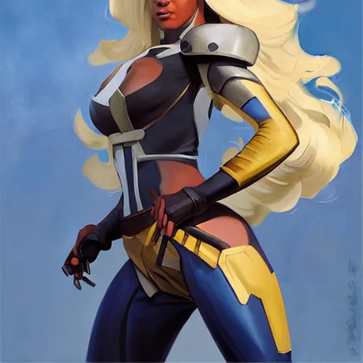 Prompt: greg manchess portrait painting of partially armored ororo munroe alias storm as overwatch character, medium shot, asymmetrical, profile picture, organic painting, sunny day, matte painting, bold shapes, hard edges, street art, trending on artstation, by huang guangjian and gil elvgren and sachin teng