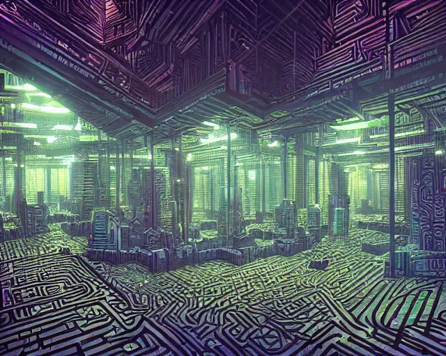 Image similar to interior of an underground maze within a large cyberpunk complex, pixelart, brutalism, volumetric lighting, 8 k, art by dan mumford, greg rutowski, johan grenier