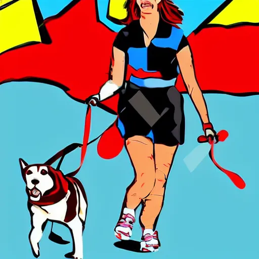 Prompt: red haired woman skateboarding pulled by a beagle and a husky dog on leashes, in the pop art style, bright colours