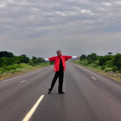 Image similar to A 4th dimensional being stands in the middle of the road, photo