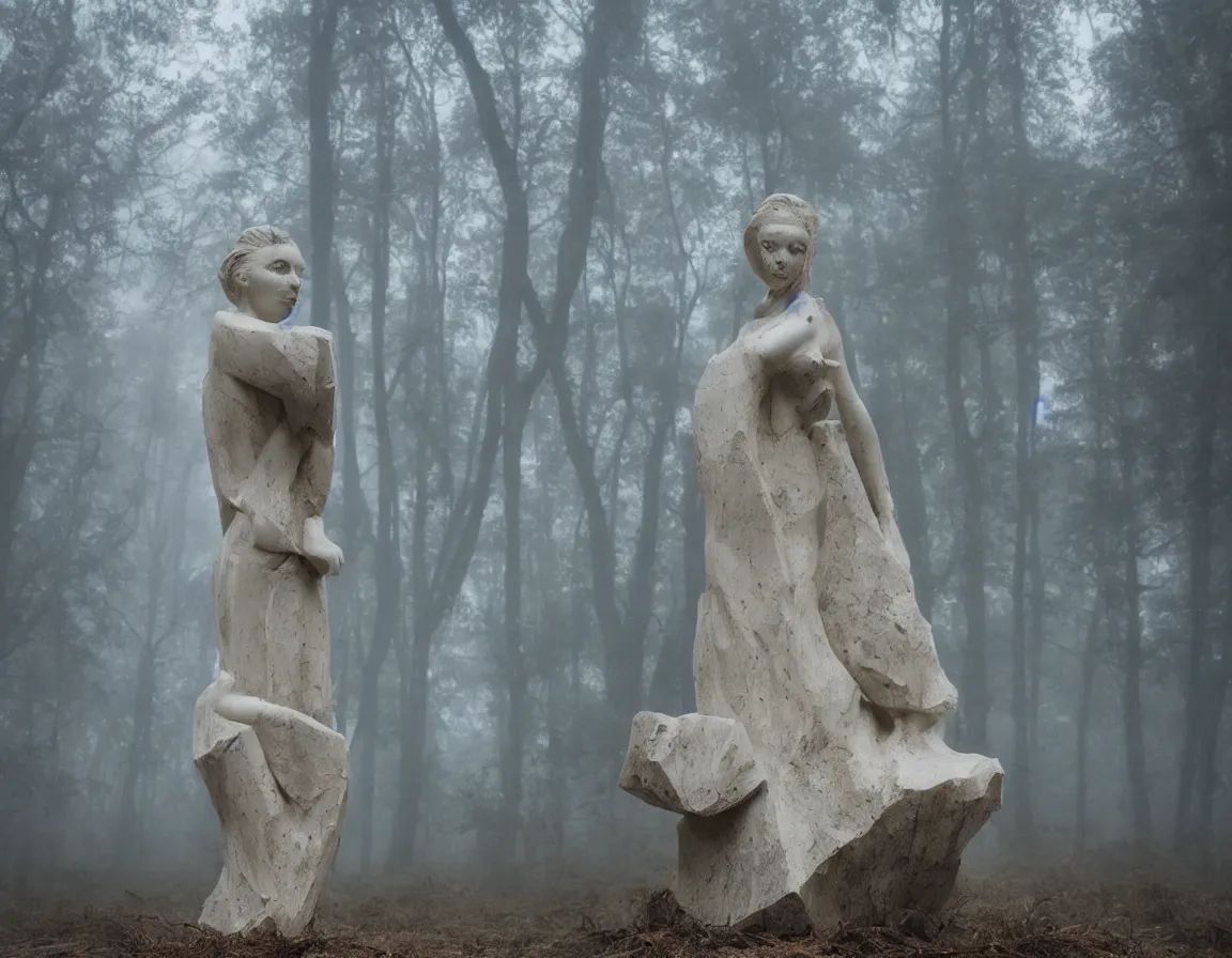 Prompt: abandoned marble sculpture of anya taylor joy in a foggy forest at dawn, gloomy, photography