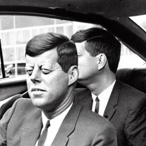 Prompt: realistic photograph of john f. kennedy surviving a sniper shot in his car, 1 9 6 3, pepe the frog in the background