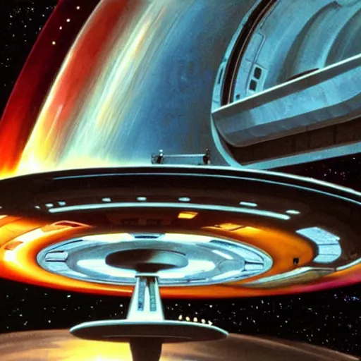 Prompt: the bridge of the starship enterprise from star trek the original series with the crew at their stations. realistic concept art painting,