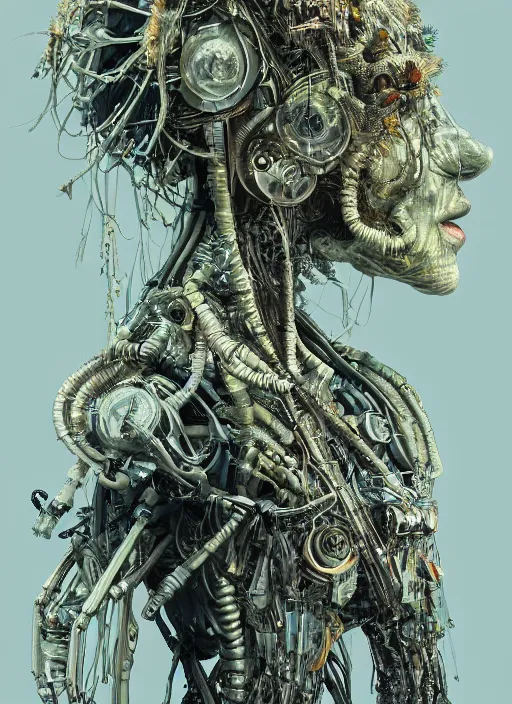 Image similar to hyper - detailed fine painting of a synthetic humanoid hybrid cyborg shaman half cybernetic and half made of plants and wood, concept art magical highlight