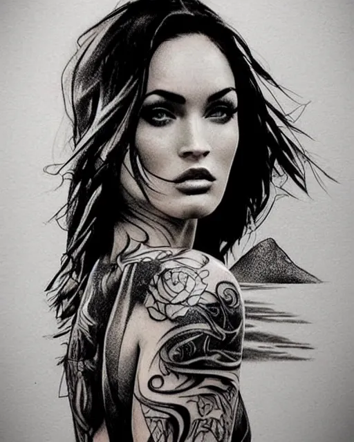 Image similar to creative double exposure effect tattoo design sketch of megan fox with beautiful mountains, realism tattoo, in the style of matteo pasqualin, amazing detail, sharp