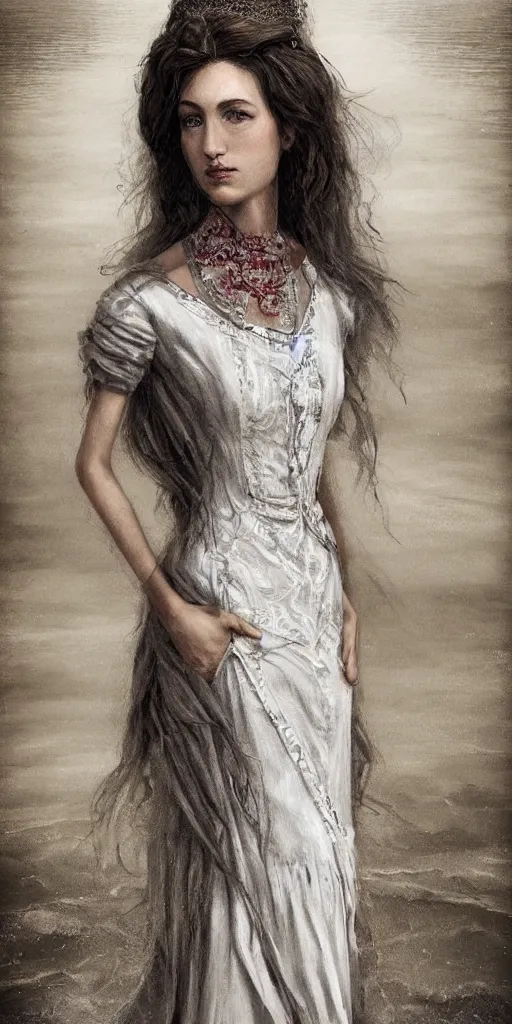 Image similar to a beautiful longshot portrait of a tall thin stunning Victorian model in a high-collared grey and white dress on the beach in the movie The Piano, intricate, elegant, highly detailed, artstation, concept art, smooth, sharp focus, illustration, award-winning, masterpiece, in the style of Tom Bagshaw, Cedric Peyravernay, Peter Mohrbacher, george clausen