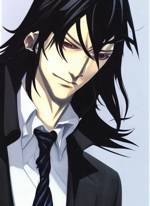 Image similar to portrait illustration by shigenori soejima, handsome male vampire, focus on face, pretty, long black hair, dark blue shirt, light brown coat