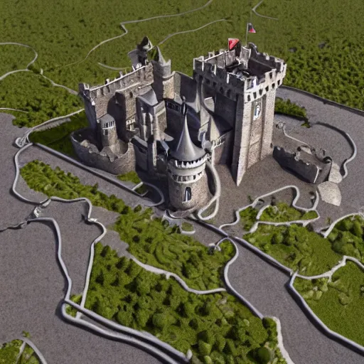 Image similar to isometric hyper real rendering of a sprawling castle, octane, c 4 d, cinematic