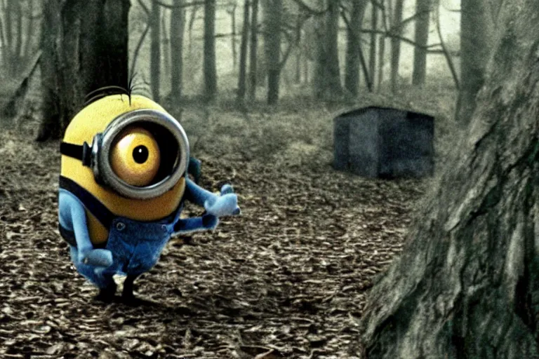 Prompt: a still of a minion in blair - witch project ( 1 9 9 9 )