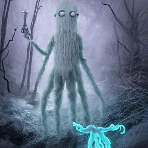 Image similar to a fluffy humanoid ethereal ghost like live action muppet wraith like figure with a squid like parasite taking over its head and four long tentacles for arms that flow gracefully at its sides like a cloak while it floats around a frozen rocky lake in the middle of the frozen woods searching for lost souls and that hides amongst the shadows in the trees, this character can control the ice and snow and has mastery of the shadows, it is known as the bringer of nightmares and the conqueror of the endless night terrors and staring too long can cause paralysis, it is a real muppet by sesame street surrounded by lost muppet souls, photo realistic, real, realistic, felt, stopmotion, photography, sesame street
