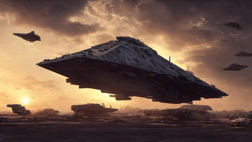 Image similar to a photorealistic hyperrealistic render of a star wars imperial star destroyer landing at a junkyard by greg rutkowski, vitaly bugarov, stephan martiniere, nicolas bouvier sparth, james paick, dramatic moody sunset lighting, long shadows, volumetric, cinematic atmosphere, octane render, artstation, 8 k