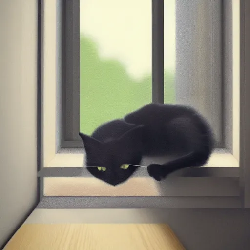 Image similar to peaceful dreamy painting of a content black cat sitting by a window, sunshine coming through the window, small plants on the window sill, 8k, highly detailed, trending on artstation, octane render