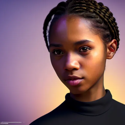 Image similar to a photorealistic hyperrealistic, bright brown eyes, light skinned african young girl, ponytail hair, flawless face, asian eyes, cute face, black turtle neck shirt, by wlop, artgerm, greg rutwoski, alphonse mucha, beautiful dynamic dramatic low - light moody lighting, cinematic atmosphere, artstation, concept design art, octane render, 8 k
