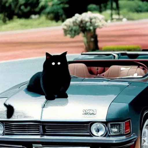 Image similar to A human scaled black cat cruising in a convertible from the 70s