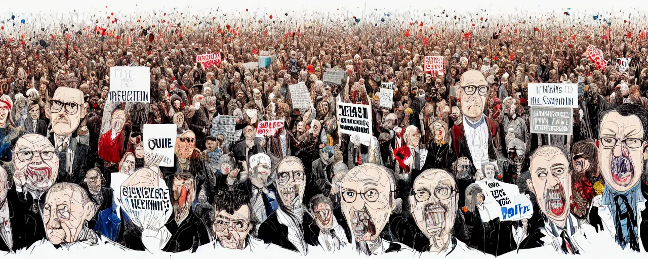 Prompt: an illustration of a crowd of angry political protestors with signs, by gerald scarf and ralph steadman, illustration, front angle, ink splatters, pen and ink, flat color, drawing, facing front, anatomically correct, beautiful perfect face, sharp focus, highly detailed, cinematic lighting, 8 k, hd