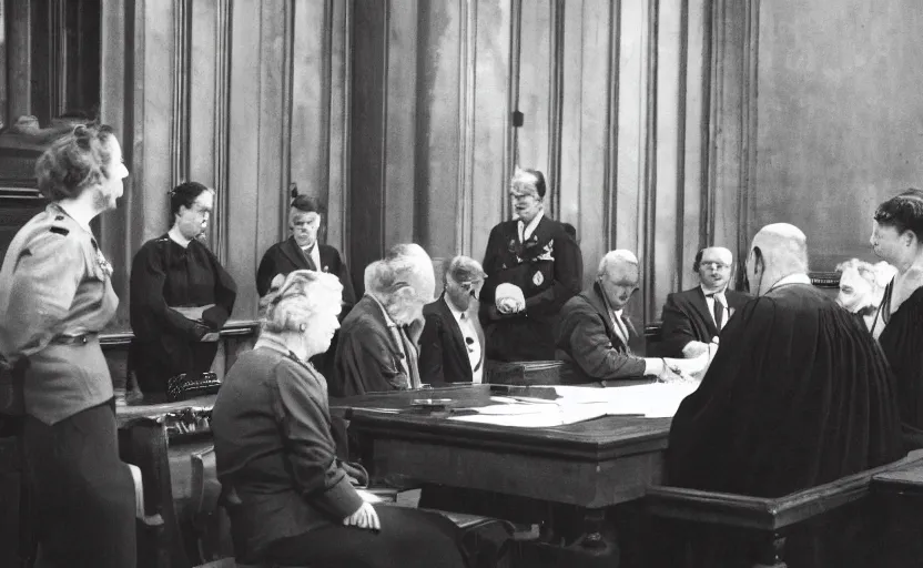 Image similar to photo of Queen Elizabeth in the court room being arrested, sitting at the table, highly detailed, high quality, HD, 4k, 8k, Canon 300mm, professional photographer, 40mp, lifelike, top-rated, award winning, realistic, sharp, no blur, edited, corrected, trending