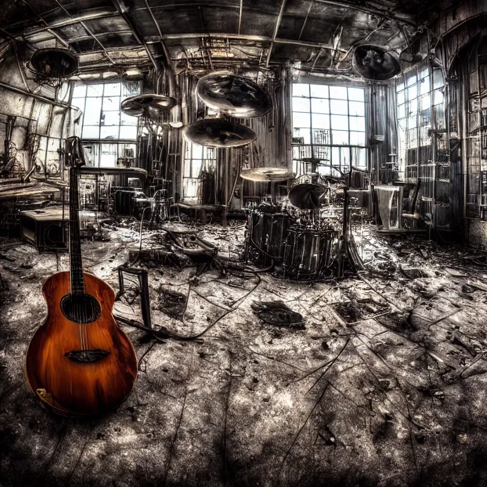 Image similar to “Broken Steampunk guitar, keyboard and drums in abandoned factory. Minimalistic. Cinematic lighting. Old torn photograph. Fisheye lens.”