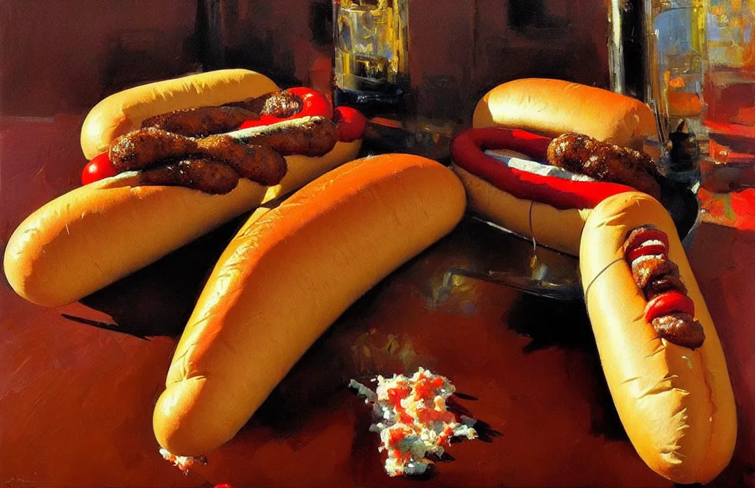 Image similar to portrait of a hot dog!!!!!!!!!!!!!!!!!!!!!!!!!!!, detailed face, detailed painting,, epic lighting, by ilya repin, phil hale and kent williams