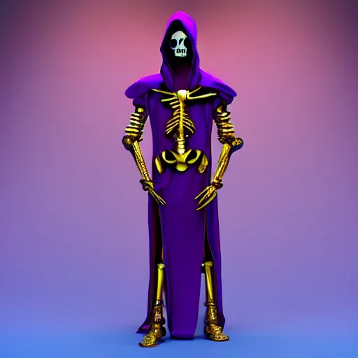 Image similar to a skeleton in a purple robe, golden magical shoulder pads, in a hood, a red magic sphere in his chest, he stands next to a golden throne, realism, game quality, 3d render, proportions