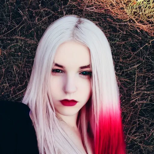 Image similar to photoshoot portrait of a teen emo girl, blonde and red ombre hair, flawless features, pale skin, beautiful beautiful beautiful secret selfie, tyftt, prime