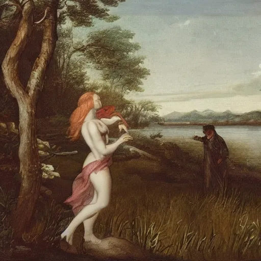 Image similar to a hulder trying to lure a man into a lake,