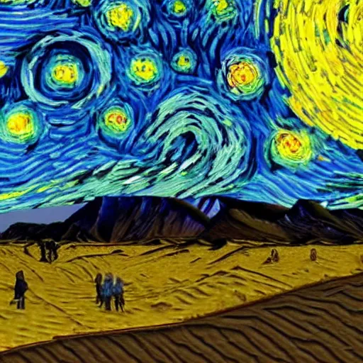 Image similar to 3 d render, skelton, waling, desert, ship, in the style of van gogh starry night.