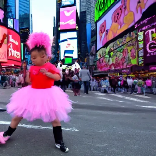 Prompt: A baby and and a pig wearing a tutu dancing in Times Square, New York, high quality, 4k, ArtStstion trending