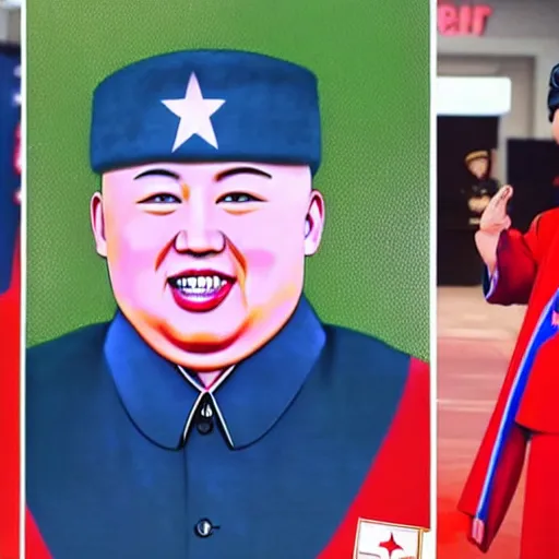 Image similar to kim jong un dressed as captain america. photorealism.