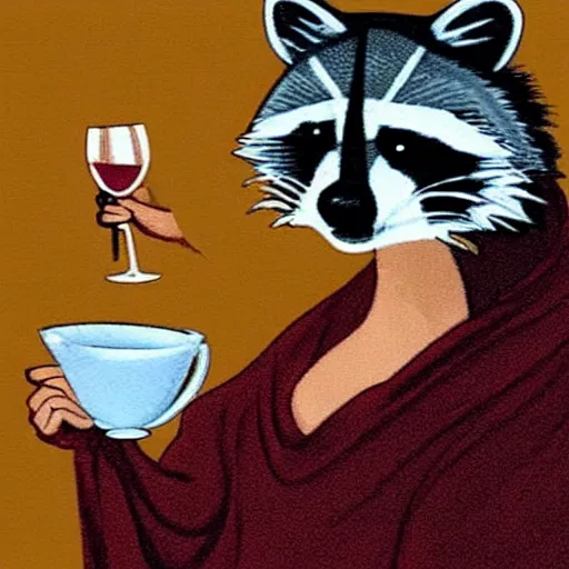 Prompt: a racoon wearing an elegant night gown holding a cup of wine