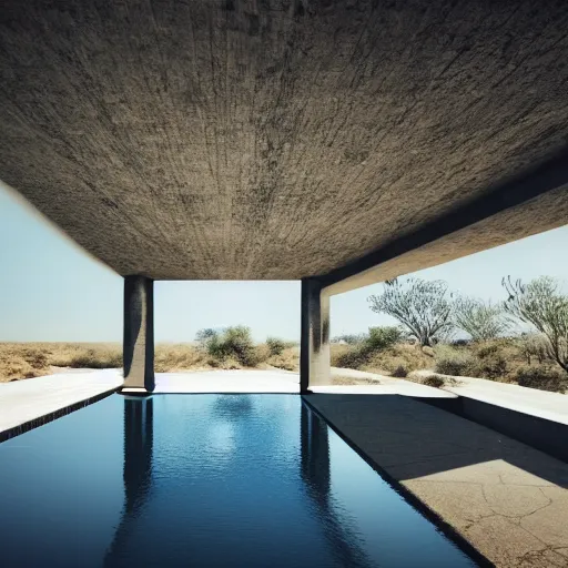 Prompt: brutalism conceptual building in the desert, biophilia mood, pool, garden, highly detailed, cinematic, photorealistic,