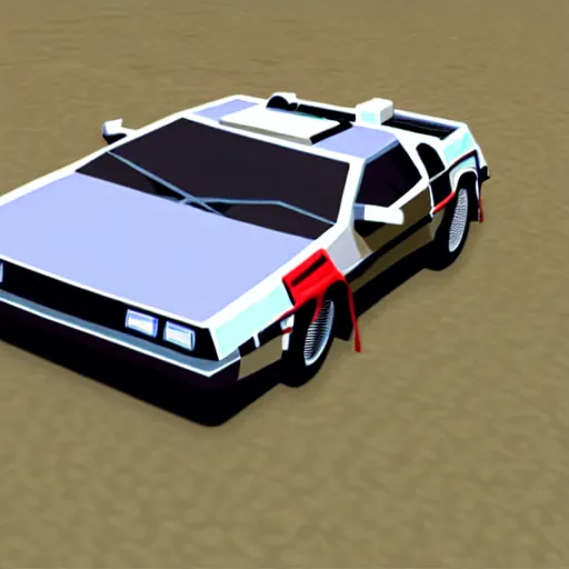 Prompt: back to the future delorean driving in old west, nintendo 6 4 screenshot, low poly, aliased