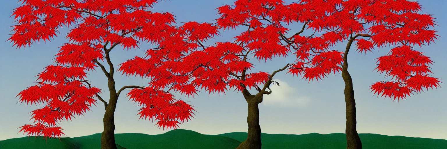 Prompt: crane japanese maple tree painting magritte